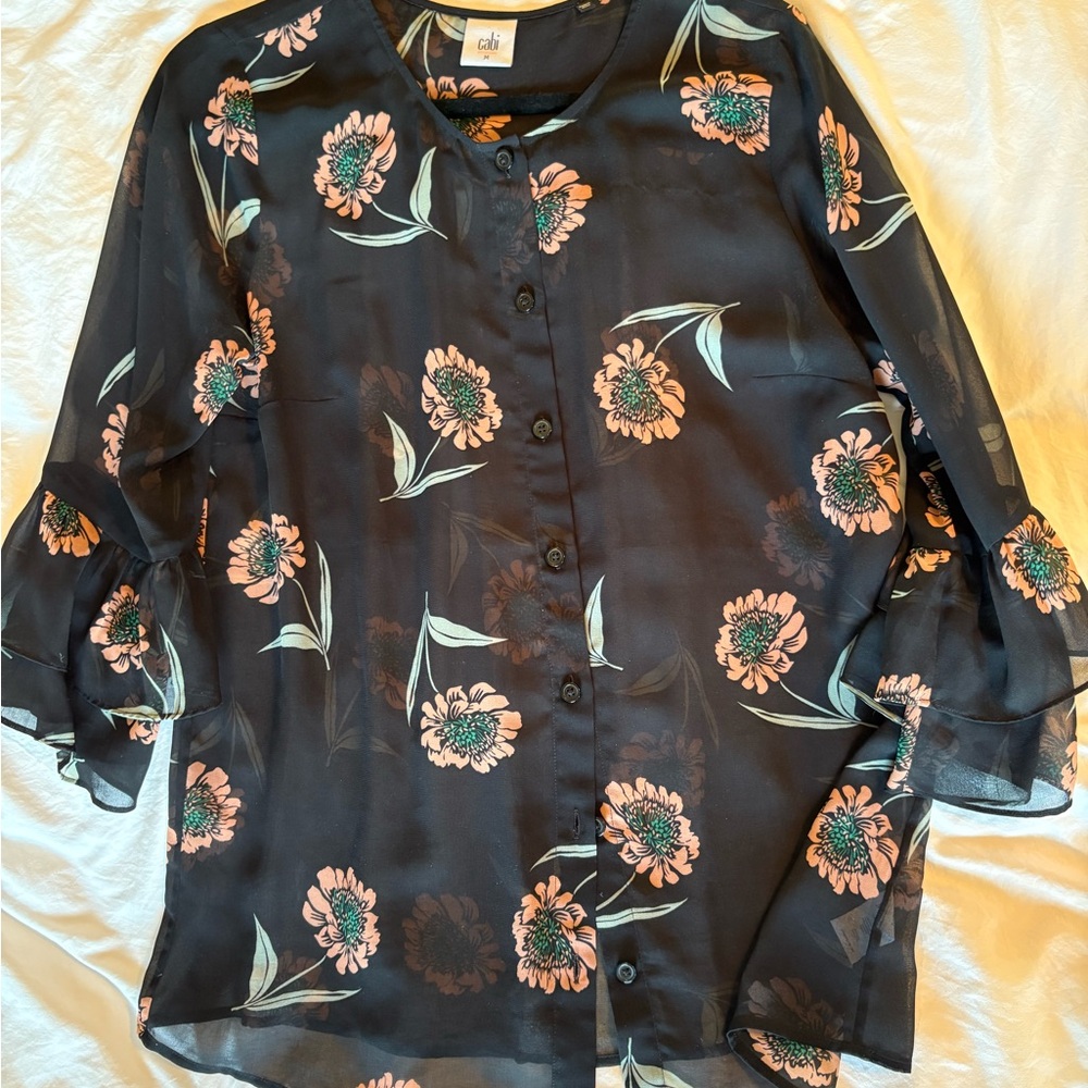 CAbi Sheer Black Blouse with Pink Floral Design